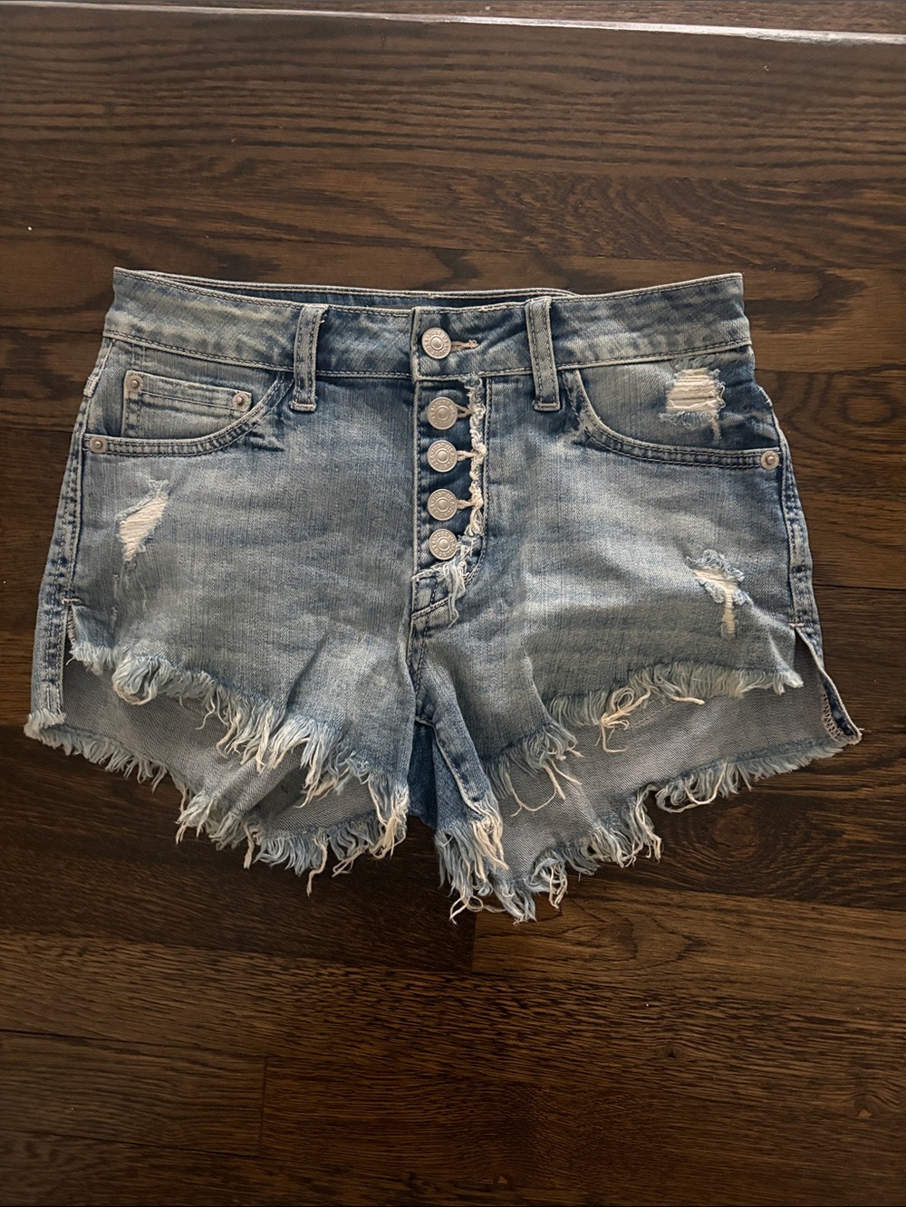 Light Blue Distressed Denim Button-Front Women's Shorts